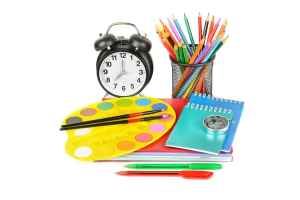 Education Workspace Background Concepts Pencil Stationery Book Alarm Clock Other — Stock Photo, Image