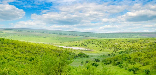 Údolí Řeky Kopce Terasami Svazích Rostou Keře Stromy Trávou Modré — Stock fotografie