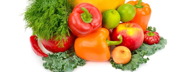 Fehér Alapon Izolált Gyümölcsök Zöldségek Egészséges Étel Széles Fénykép — Stock Fotó