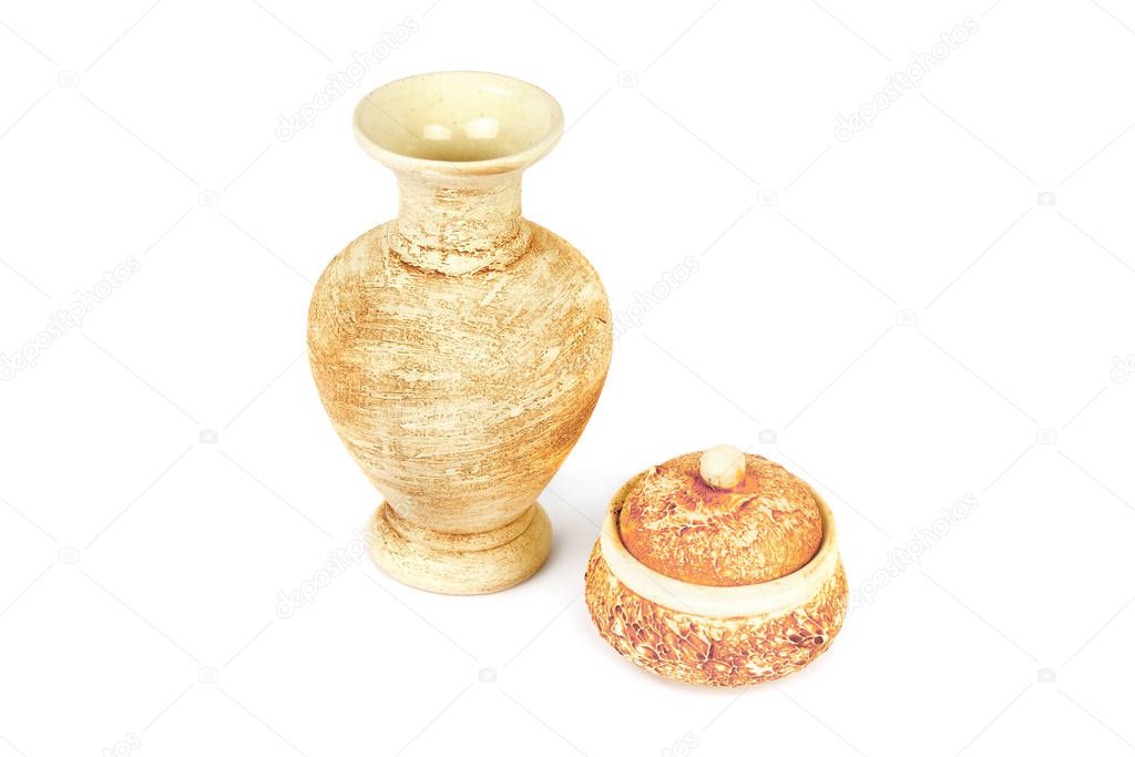 Ceramic vase for flowers and small vase for sweets isolated on white background. Decor items.