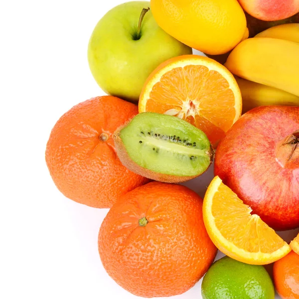 Conjunto Frutas Isoladas Sobre Fundo Branco Comida Saudável Deitado Plano — Fotografia de Stock