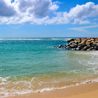 Hint Okyanusu'nun ıssız kumsalı. Mavi gökyüzü, pitoresk cumulus bulutları.