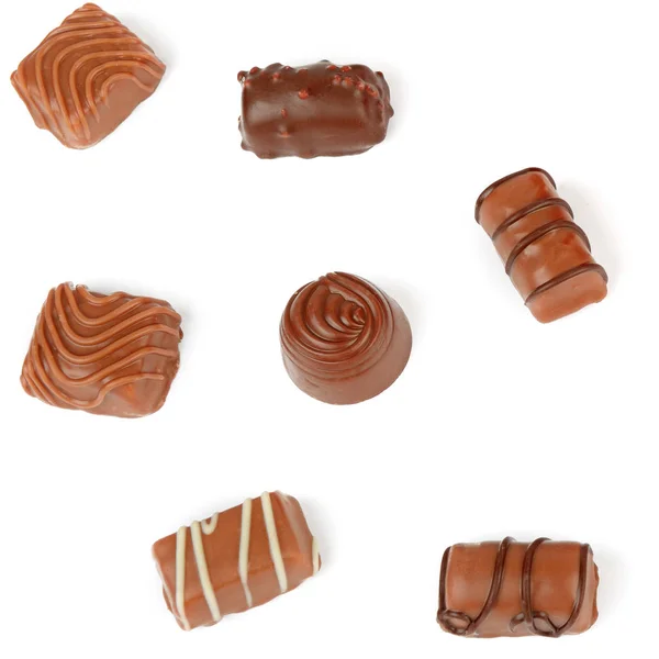 Assortiment Bonbons Chocolat Isolés Sur Fond Blanc Couché Plat Vue — Photo