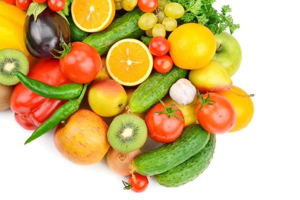 Frutas Legumes Isolados Fundo Branco Comida Saudável Deitado Plano Vista — Fotografia de Stock