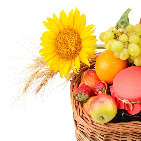 Organic Food Isolated White Background Set Fruits Pastries Woven Basket — Stock Photo, Image