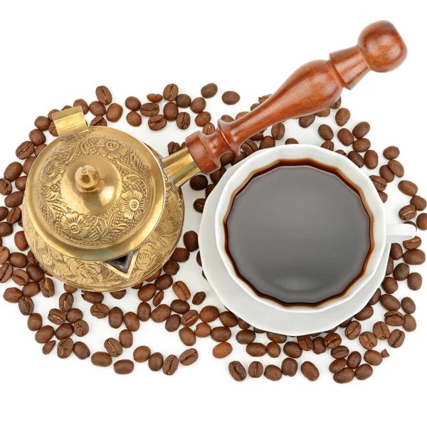 Kaffeekanne Und Tasse Kaffee Isoliert Auf Weißem Hintergrund Flache Lage — Stockfoto