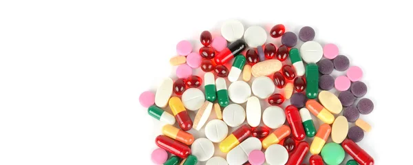 Pillole Colorate Isolate Sfondo Bianco Posa Piatta Vista Dall Alto — Foto Stock