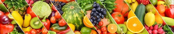 パノラマ コレクションの新鮮な果物や野菜の背景 コラージュ ワイド写真 — ストック写真