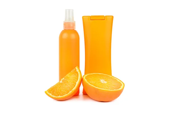 Productos Cosméticos Naturales Naranja Aceite Bronceado Loción Viales Aislados Sobre — Foto de Stock