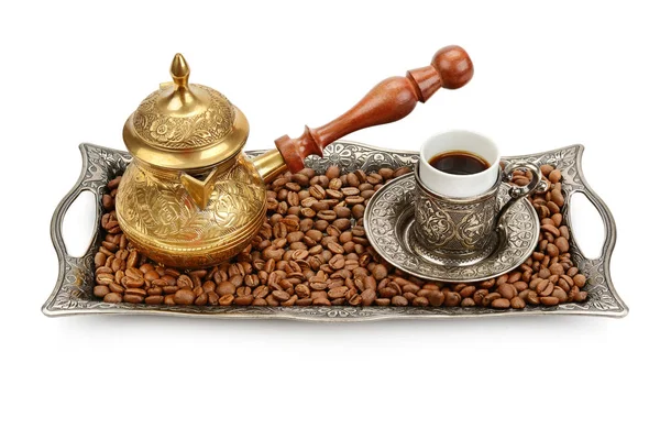 Tazza Caffè Turca Vassoio Con Decorazione Araba Caffettiera Isolata Sfondo — Foto Stock