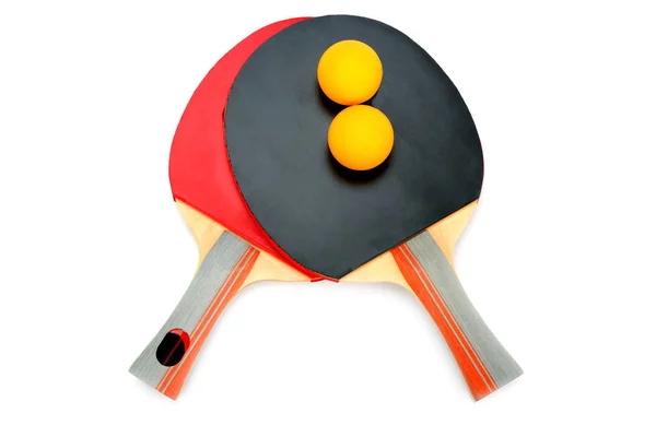 Tischtennisschläger Und Ball Isoliert Auf Weißem Hintergrund — Stockfoto