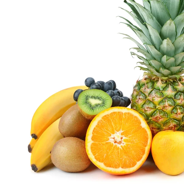 Beyaz Arka Plan Üzerinde Izole Meyve Kümesi Sağlıklı Gıda Metin — Stok fotoğraf