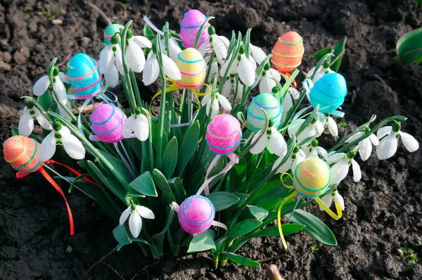 Branca de neve gotas de neve e ovos decorativos no fundo da primavera. E — Fotografia de Stock