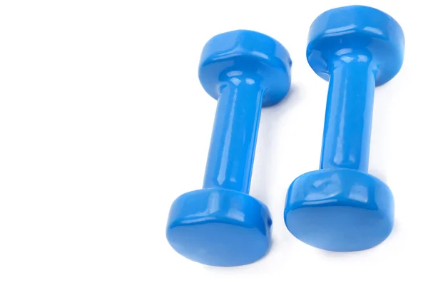 Pair of blue dumbbells isolated on a white background. Free spac — Stock Photo, Image