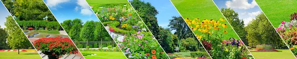 Spring gardens with beautiful flowers and lawns. Panoramic colla — Stock Photo, Image