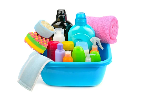 Towels, cosmetic soap, sponge and shampoo isolated on white back — Stock Photo, Image