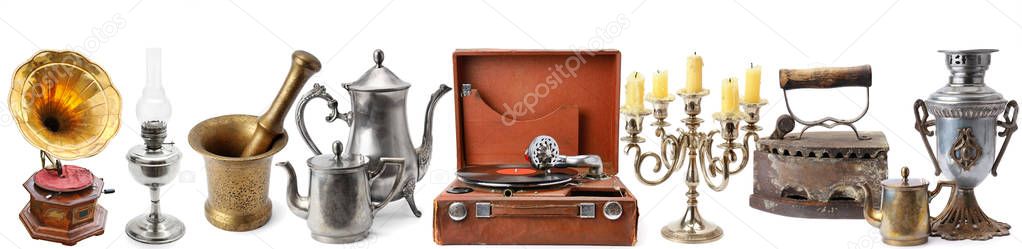 Set of retro household items isolated on white background. Panor