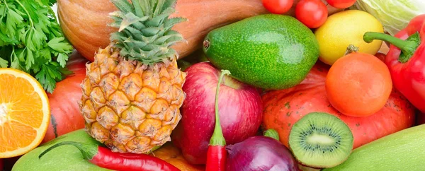 Antecedentes de la colección de frutas y verduras frescas. Fot ancho —  Fotos de Stock