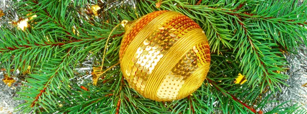 Christmas ornament. Bright golden ball on the background of a wr — Stock Photo, Image