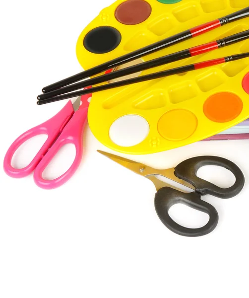 Watercolor paints, scissors and other school supplies isolated o — Stock Photo, Image