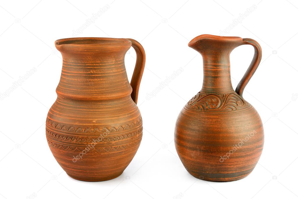 Ceramic pots - kitchen retro equipment of cooking isolated on wh