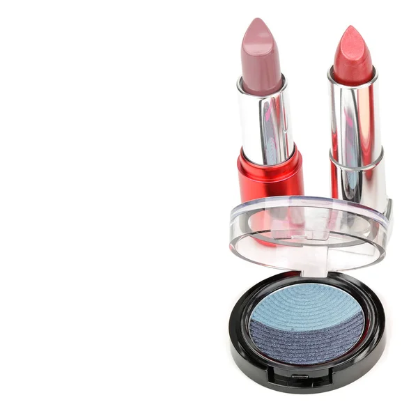 Set of lipstick and eye shadow isolated on white background. Fre — Stock Photo, Image