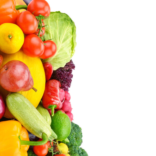 Set of vegetables and fruits isolated on a white background. Free space for text.