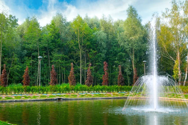 Pequeña Fuente Piscina Parque Con Hierba Árboles — Foto de Stock