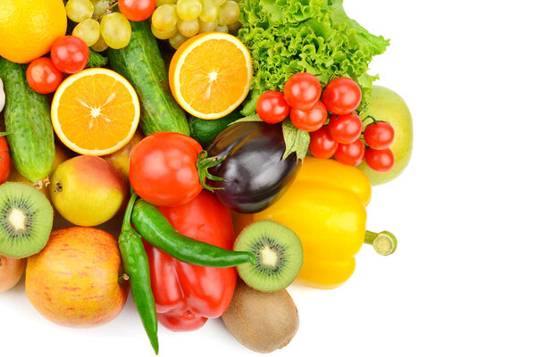 Fruits and vegetables isolated on a white background. Healthy food. Flat lay. Free space for your text.