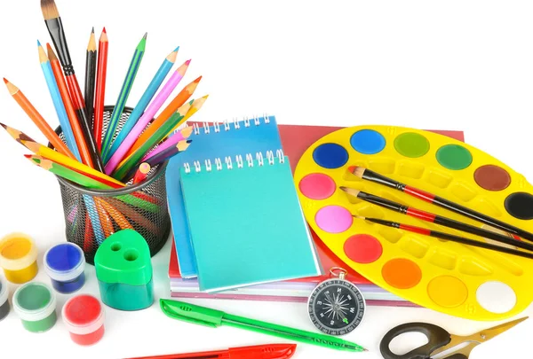 Collecte Fournitures Scolaires Isolées Sur Fond Blanc Pur Retour École — Photo