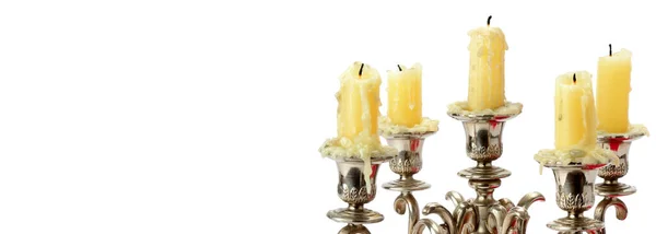 Candeliere Vecchio Con Candele Isolate Sfondo Bianco Ampie Foto Spazio — Foto Stock