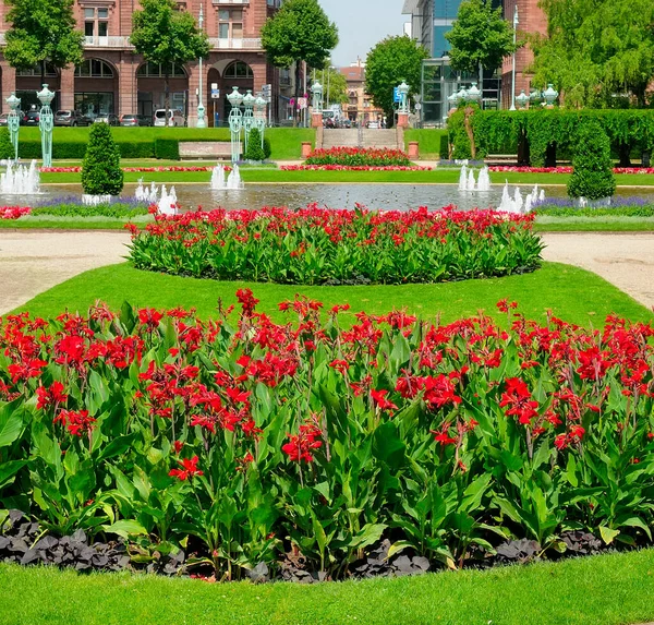 Der Mannheimer Stadtpark Luxuriöse Blumenbeete Und Brunnen — Stockfoto