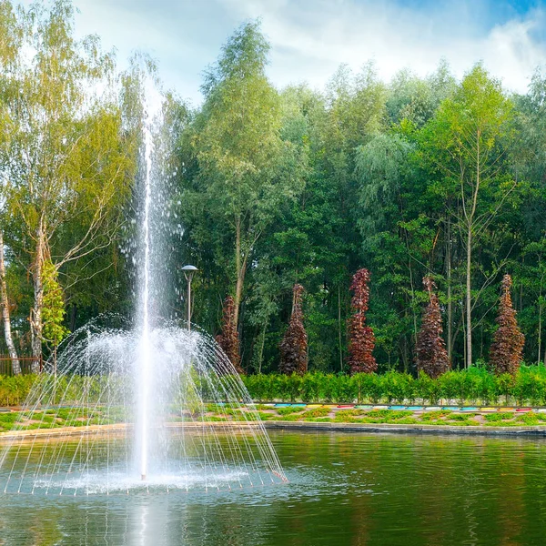 Fontana Sul Lago Nel Parco — Foto Stock