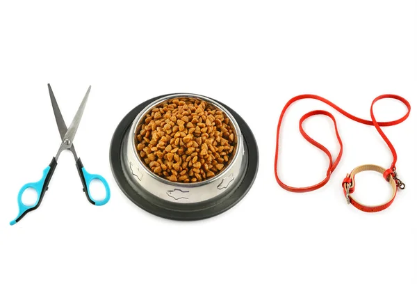 Pet Accessories Concept Dry Food Scissors Leash Pet Isolated White — Stock Photo, Image
