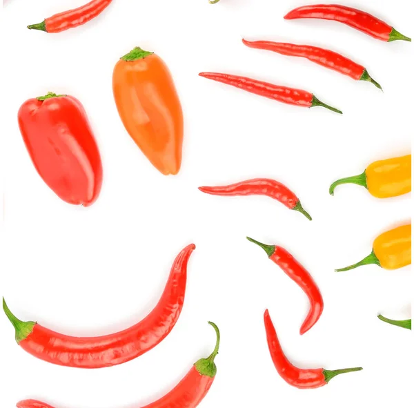 Assortment Hot Chili Peppers Isolated White Background Top View — Stock Photo, Image