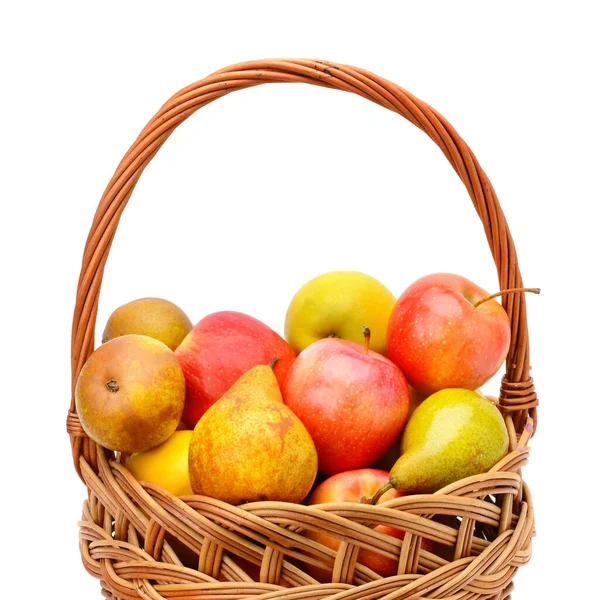 Fresh Apples Pears Basket Isolated White Background Autumn Gift — Stock Photo, Image