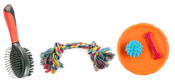 Pet Accessories Comb Dogs Colorful Rope Frisbee Disc Isolated White — Stock Photo, Image
