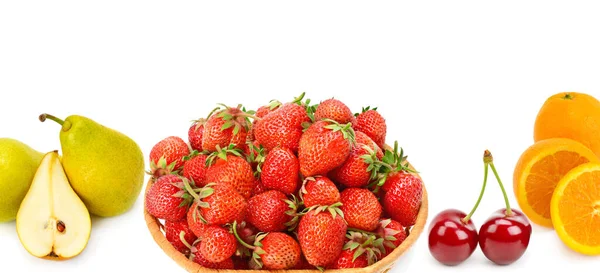 Collection Fresh Fruits Isolated White Background Panoramic Collage Wide Photo — Stock Photo, Image