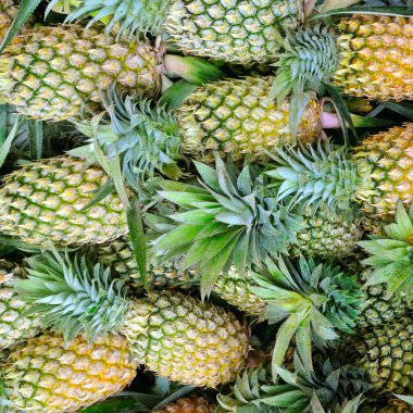 Bir sebze dükkanının tezgahında olgun ananaslar. Parlak arkaplan.