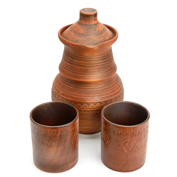 Pot Argile Avec Couvercle Deux Tasses Céramique Isolées Sur Fond — Photo