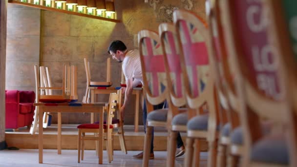 Waiter Prepares Restaurant Reopening Quarantine Confident Waiter — Stock Video