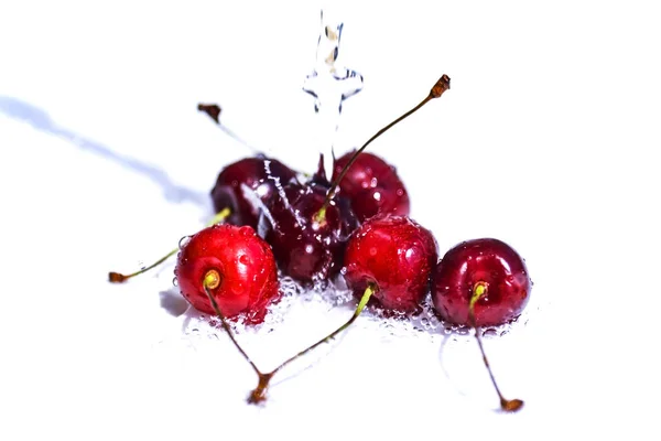 Gezonde Kersen Fruit Met Water Geïsoleerd — Stockfoto