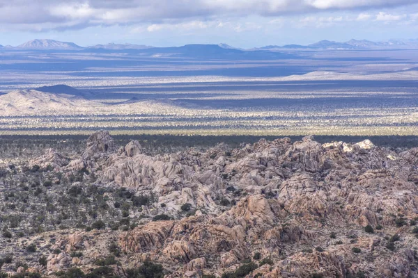 Clouds Cast Horizontal Shadows Arid Rugged Desert Landscape Mojave National — Stock Photo, Image