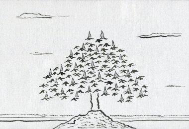 Bir dağda ayakta çiçek açan bir kestane ağacı. Arka planda bir orman, gökyüzünde bulutlar vardır. Kalem ve mürekkep Tuval dokusu ile kağıt üzerine çizim.