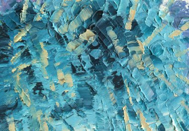 Kaotik çizgili yeşil-mavi ve turuncu tonlarında. Dalgaların su. Palet örgü tekniği. Büyük geniş ve sert vuruş. Tuval üzerine yağlıboya resim.