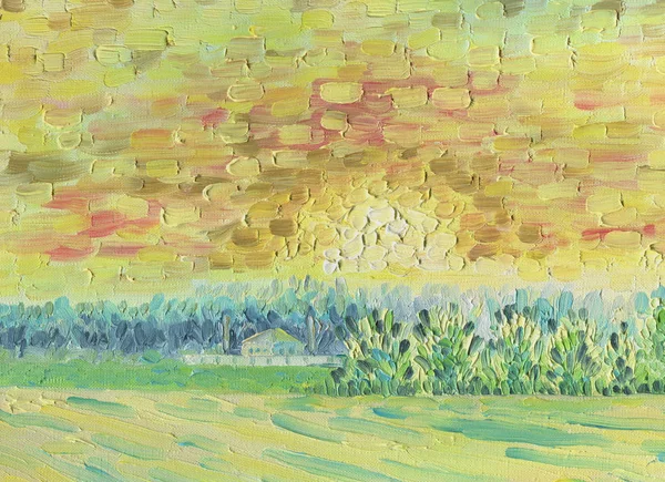 Sunset over the forest in the countryside. Village house near the field. The atmosphere of appeasement. Oil painting on canvas. The structure of large multi-colored brush strokes.
