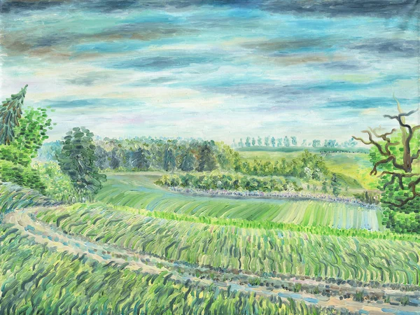 Field road in the countryside. Hills and meadows, spring. Forest and trees in the background. Cloudy windy day. Oil painting on canvas.