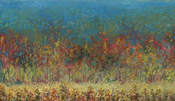 Autumn forest leaving into the distance. View from above. It\'s a nasty day. In the foreground there is a small meadow. Light haze. Oil painting on wood.