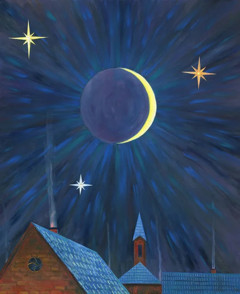 Moonlight Night Village Big Stars Roofs Houses Church Background Oil — Stock Photo, Image