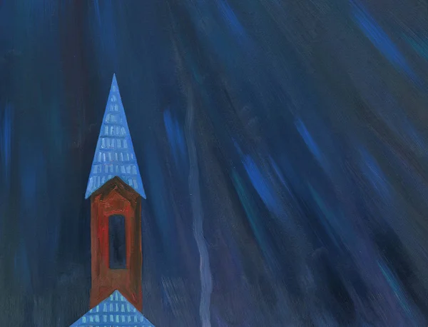 Moonlight night over the village. The tower of the church. Oil painting.